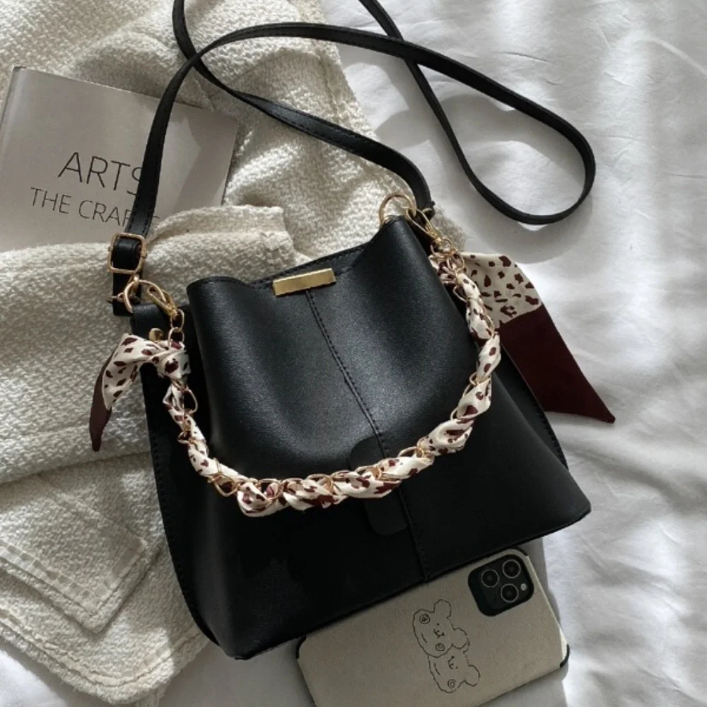 Boho Black Vegan Leather Scarf Detail Crossbody Bag - Picture 2 of 6